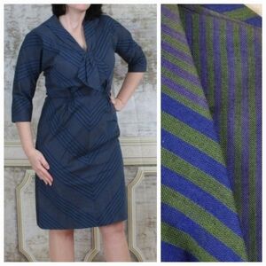 Vintage 1960s Wiggle Dress S Chevron Stripes Academia Green Purple Bow Front